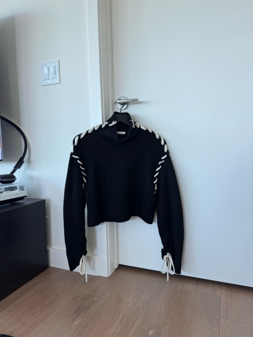 OAK + FORT Black Cropped Crewneck Sweater with White Lace-Up Trim